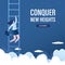 Conquer new heights, landing page template. Ladder in sky above clouds, businesswoman holds on to step, climbing up