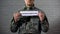Conscription word written on sign in male soldier hands, military service, duty