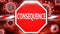 Consequence and Covid-19, symbolized by a stop sign with word Consequence and viruses to picture that Consequence is related to