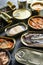Conserves of canned fish with different types of fish and seafood, opened and closed cans with Saury, mackerel, sprats, sardines,