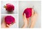 Consistent process of peeling exotic Dragon fruit isolated on grey background.