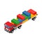 Consolidated freight. Isometric red large truck with trailer and plastic bricks.