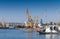 Constanta, Romania 2021: Industrial shipyard dock with heavy load gantry cranes