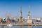 Constanta, Romania 2021: Industrial shipyard dock with heavy load gantry cranes