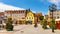 Constitution square Plac Konstutucji with St. John Evangelist church in historic old town center of Bartoszyce in Poland