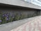 An Constructed concrete block work planter box with Beautiful plants and flowers near staircase entrance and stairs with Stainless