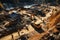 Construction from above Drone hovers over site, displaying machinery, materials, and workers