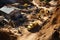 Construction from above Drone hovers over site, displaying machinery, materials, and workers