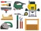 Construction building tools carpenter industry worker equipment vector illustration.