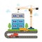 Construction of buildings using construction equipment. Crane truck and concrete mixer. Flat style illustration