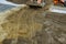 Construction bulldozer soil digging ground landscaping works on the earthmoving