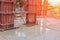 Construction bunting in building site workplace with sunset light tone