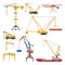 Construction and Cargo Cranes Collection, Heavy Transportation Service Vehicles and Elevating Equipment Flat Vector