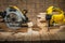 Construction carpentry tools electric corded circular saw and jigsaw on wooden background