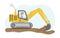 Construction Concept. Construction Truck With Driver. Excavator Digs Sand Or Ground. Construction Machinery Operator