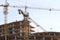 Construction cranes help people in the construction of a new multi-storey building.