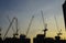 Construction cranes silhouette at sunset