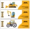 Construction Crew Vehicles machinery building truck industry equipment vector illustration. Build tractor architecture digger