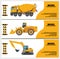 Construction Crew Vehicles machinery building truck industry equipment vector illustration. Build tractor architecture digger