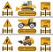 Construction Crew Vehicles machinery building truck industry equipment vector illustration. Build tractor architecture digger