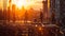 A construction crew working on the iron steel framework infrastructure of an industrial building stop to enjoy the sunset.