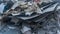 Construction debris, sheets of asbestos, paper, bricks closeup