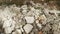 Construction debris on site with broken panels and bricks, closeup view.