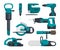 Construction electro tools for repair. Vector pictures in flat style