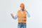 Construction engineer talking on mobile phone, serious adult male person using smartphone for communication with workers