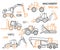 Construction equipment and special machinery linear vector icon set