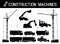 Construction equipment: trucks, excavators, bulldozer, elevator, cranes. Detailed silhouettes of construction machines isolated