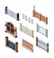 Construction fences. Garden door gate metals or wooden panels railing fences vector isometric