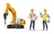 Construction foreman and engineer character with drill excavator