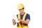 Construction handsome man worker in yellow helmet and reflective vest and using tablet for check work with team staff isolated on