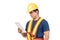 Construction handsome man worker in yellow helmet and reflective vest and using tablet for check work with team staff isolated on
