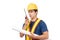 Construction handsome man worker in yellow helmet and reflective vest and using walkie talkie for talking with team staff isolated