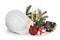 Construction hard hat, fir tree branches, model house, two glasses with champange and Christmas ornament isolated on a white