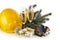 Construction hard hat, fir tree branches, model house, two glasses with champange and Christmas ornament isolated on a white