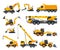 Construction Heavy Machinery Set, Heavy Special Transport, Truck, Excavator, Bulldozer, Crane Vector Illustration