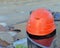 Construction helmet on barrel