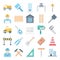 Construction Isolated Vector Icons Set Consist safety jacket, nal, spanner, drafting tools, bag, cutter and caliper