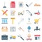 Construction Isolated Vector Icons Set Consist truck, miner, wall, tools, barrier, cone, traffic, buildings and brick,