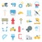 Construction Isolated Vector Icons Set Consist truck, miner, wall, tools, barrier, cone, traffic, buildings and brick,