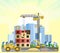 Construction of large city buildings. Residential houses and industrial objects. Lifting crane. Sunrise. Modern