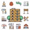 Construction linear icons universal building elements and worker equipment flat industry tools illustration.