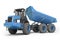 Construction machinery blue dump truck unloads from the trailer 3d rendering on white background with shadow