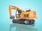 Construction machinery orange large excavator rear view 3D render on blue background with shadow