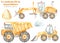 Construction machines dump truck, motor grader, wheel loader, pile of earth, cloud. Watercolor clipart