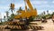 Construction machines working in tropical forest. Side view of yellow crane cutting down exotic trees in tropics