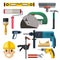 Construction man and building tools carpenter industry worker equipment vector illustration.
